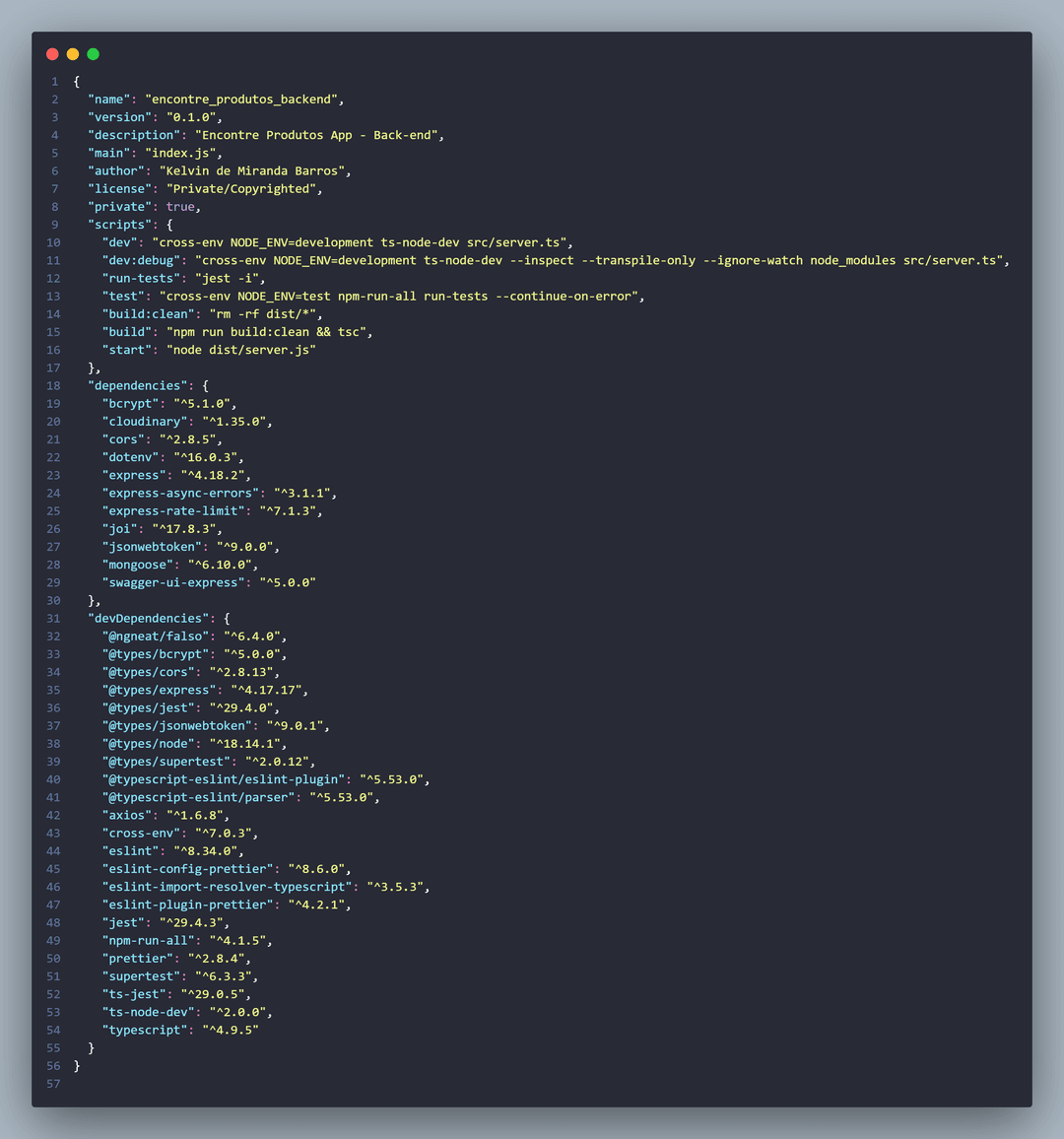 Imagem das configurações do package.json da minha aplicação EP.