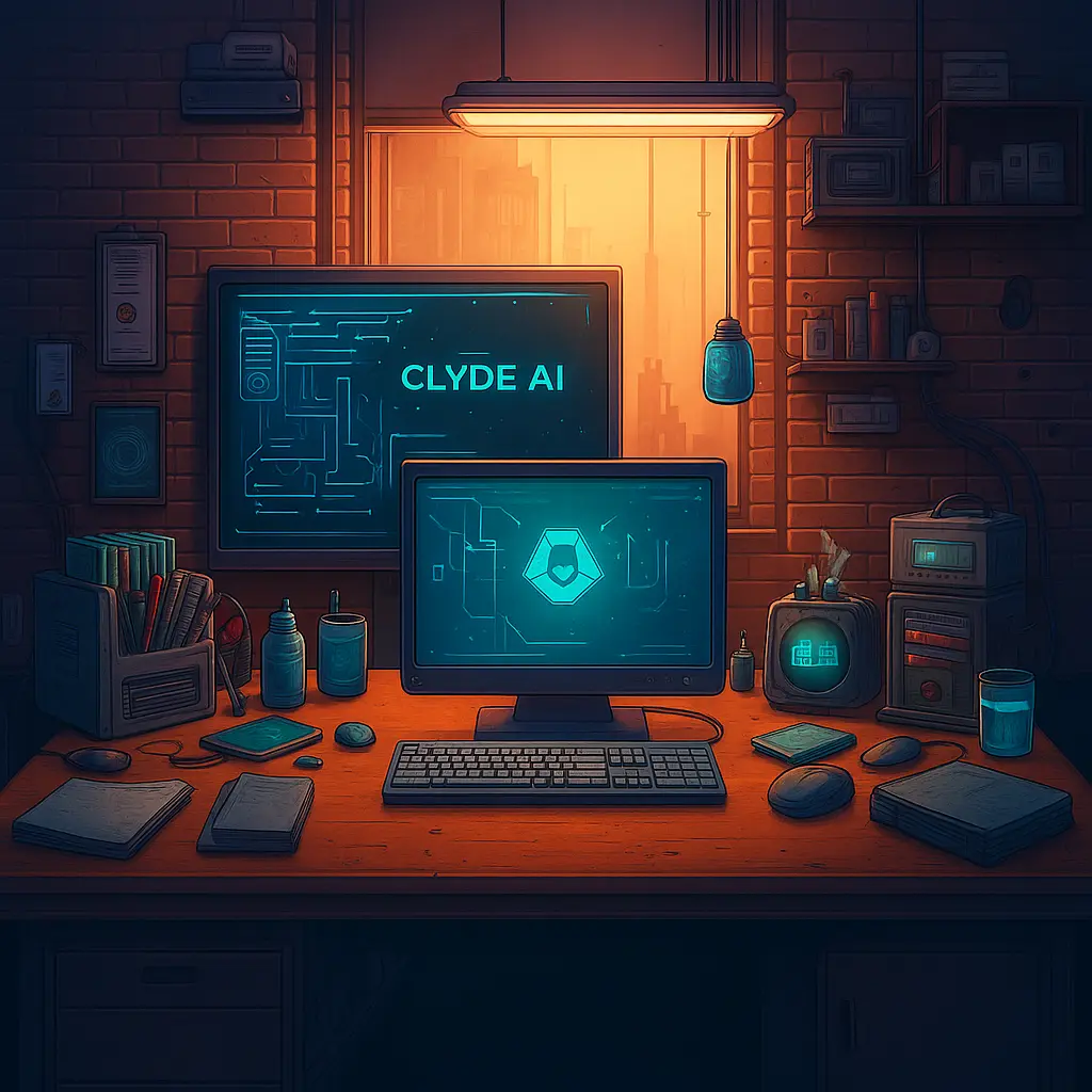 Imagem de uma mesa com um computador, vários acessórios de escritório e dispositivos eletrônicos, e algumas prateleiras na parede com objetos diversos.